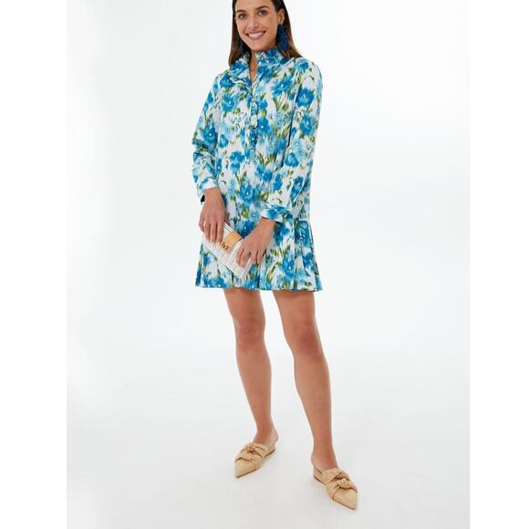 TUCKERNUCK Tate Ikat Blue Green Mini Ruffle Pleated Cotton Poplin Shirt Dress S - Picture 12 of 13